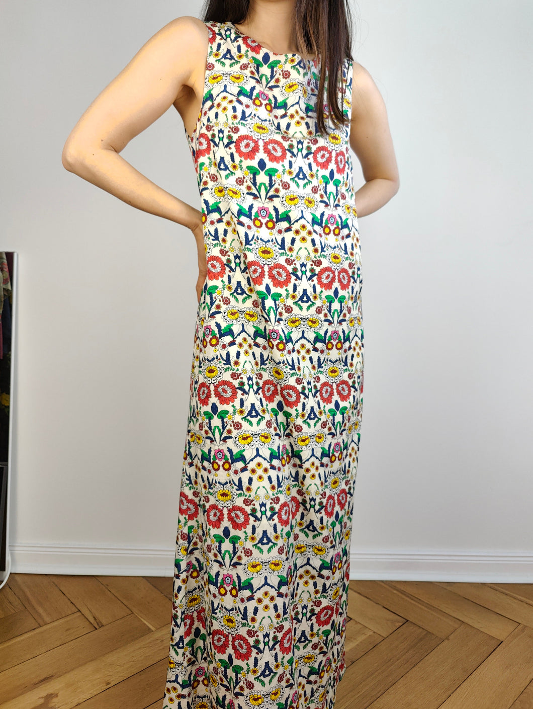 The White Cream Floral Pattern Dress | Vintage second hand flower petit fleur print summer spring long maxi dress S