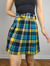 Load image into Gallery viewer, The Yellow Blue Tartan Mini Skirt | Vintage checker pattern plaid kilt school mini skirt S
