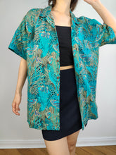 Load image into Gallery viewer, The Cotton Butterfly Jungle Print Shirt | Vintage blue green turquoise animal short sleeve pattern blouse women L unisex men M
