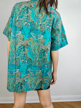 Load image into Gallery viewer, The Cotton Butterfly Jungle Print Shirt | Vintage blue green turquoise animal short sleeve pattern blouse women L unisex men M
