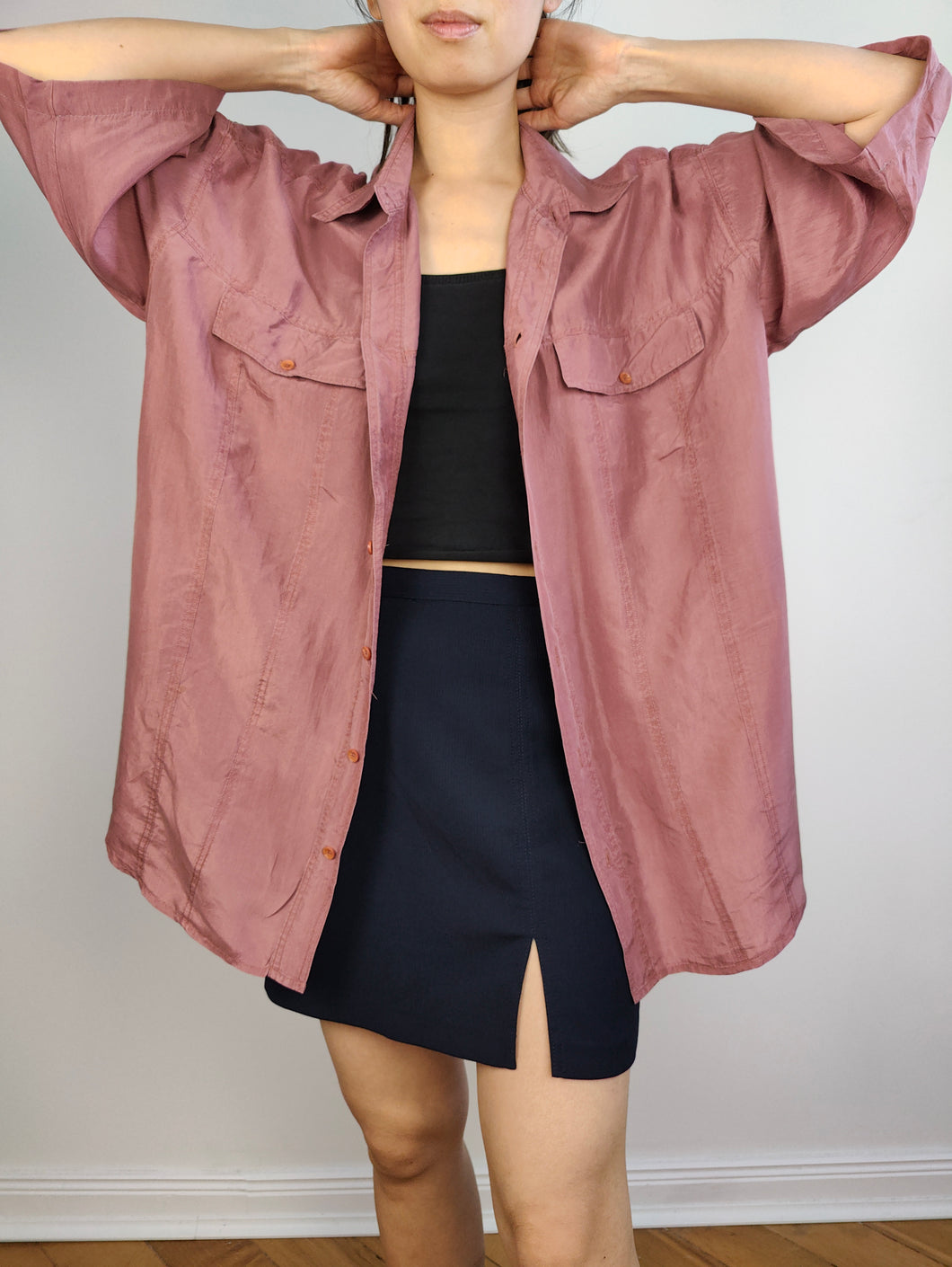 The Silk Mauve Pink Short Sleeve Blouse | Vintage 90s McKay 100% silk plain shirt unisex men 41/42 L