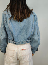 Load image into Gallery viewer, The Checker Flower Embroidery Denim Jacket | Vintage 80s floral checker embroidered light blue jeans crop short women S
