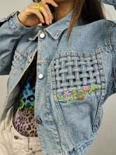 Load image into Gallery viewer, The Checker Flower Embroidery Denim Jacket | Vintage 80s floral checker embroidered light blue jeans crop short women S
