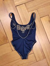 Load image into Gallery viewer, The Swimming Suit Blue Gold Embroidery | Vintage second hand bathing swim wear body top made in Italy XS
