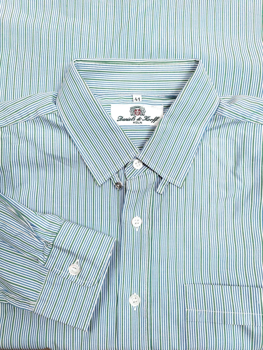 The Daniels & Korff Blue Green Stripe Shirt | Second hand cotton formal business shirt unisex men 41 L