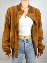 Load image into Gallery viewer, The Suede Leather Tan Bomber Jacket | Vintage 90s orange brown women M
