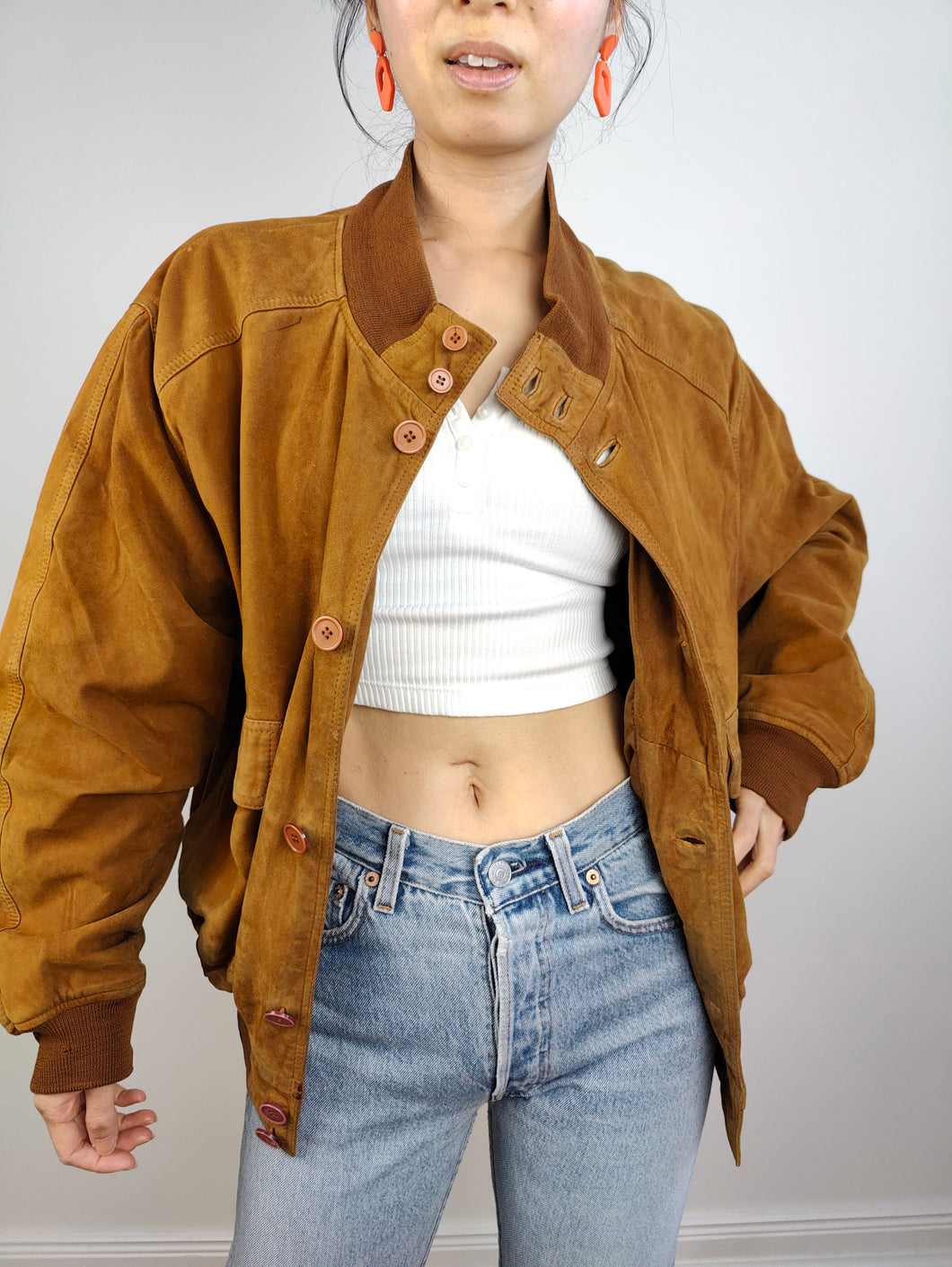 The Suede Leather Tan Bomber Jacket | Vintage 90s orange brown women M