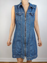 Load image into Gallery viewer, The Dark Blue Denim Mini Zip Up Dress | Vintage Y2K Only Jeanswear dark indigo jeans spring summer short sleeveless zipper M
