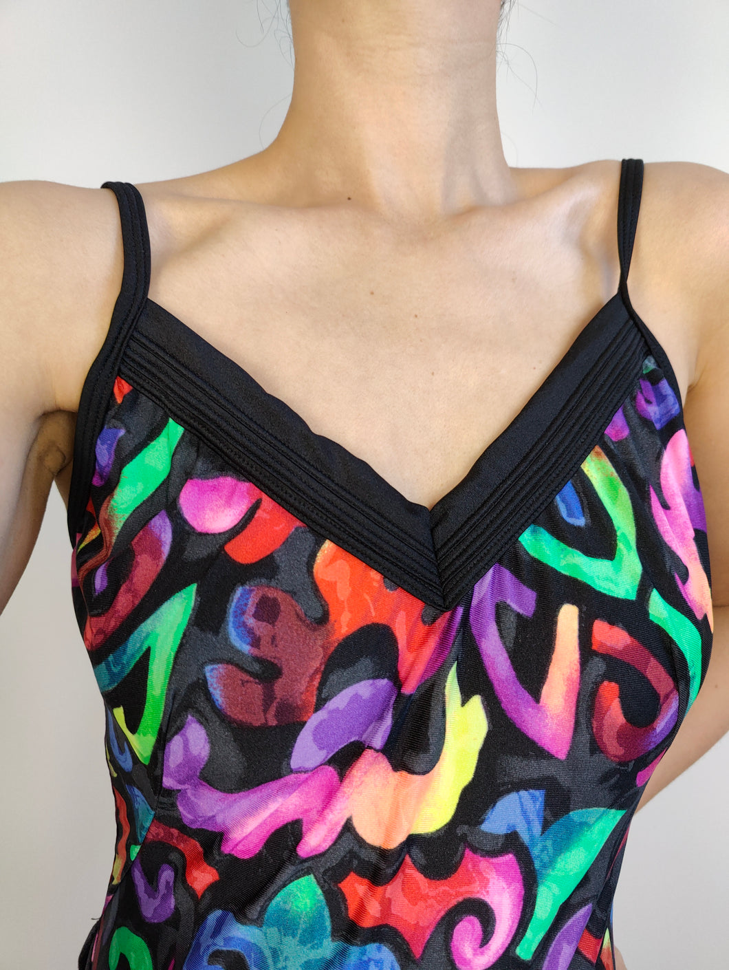 The Swimming Suit Rainbow Leopard Pattern | Vintage second hand bathing swim wear body top Bluepoint print black pink made in Greece DE40 US12 M
