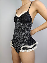 Load image into Gallery viewer, The Swimming Suit Ruffles Black and White Flower Print | Vintage second hand floral pattern bathing swim wear top M
