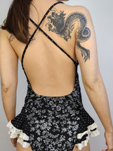 Load image into Gallery viewer, The Swimming Suit Ruffles Black and White Flower Print | Vintage second hand floral pattern bathing swim wear top M
