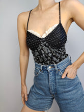 Load image into Gallery viewer, The Swimming Suit Ruffles Black and White Flower Print | Vintage second hand floral pattern bathing swim wear top M
