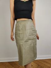 Load image into Gallery viewer, The Leather Beige Grey Pencil Midi Skirt | Vintage genuine leather skirt XS
