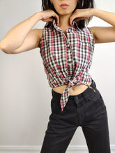 Load image into Gallery viewer, The Cotton Pink White Check Sleeveless Top | Vintage crop front tie plaid checker pattern vest blouse S
