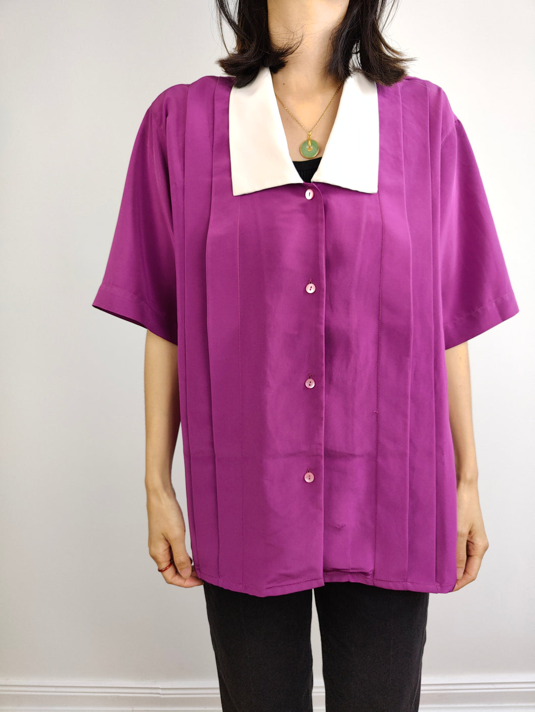 The Purple White Collar Plain Blouse | Vintage statement collar romantic women shirt top L