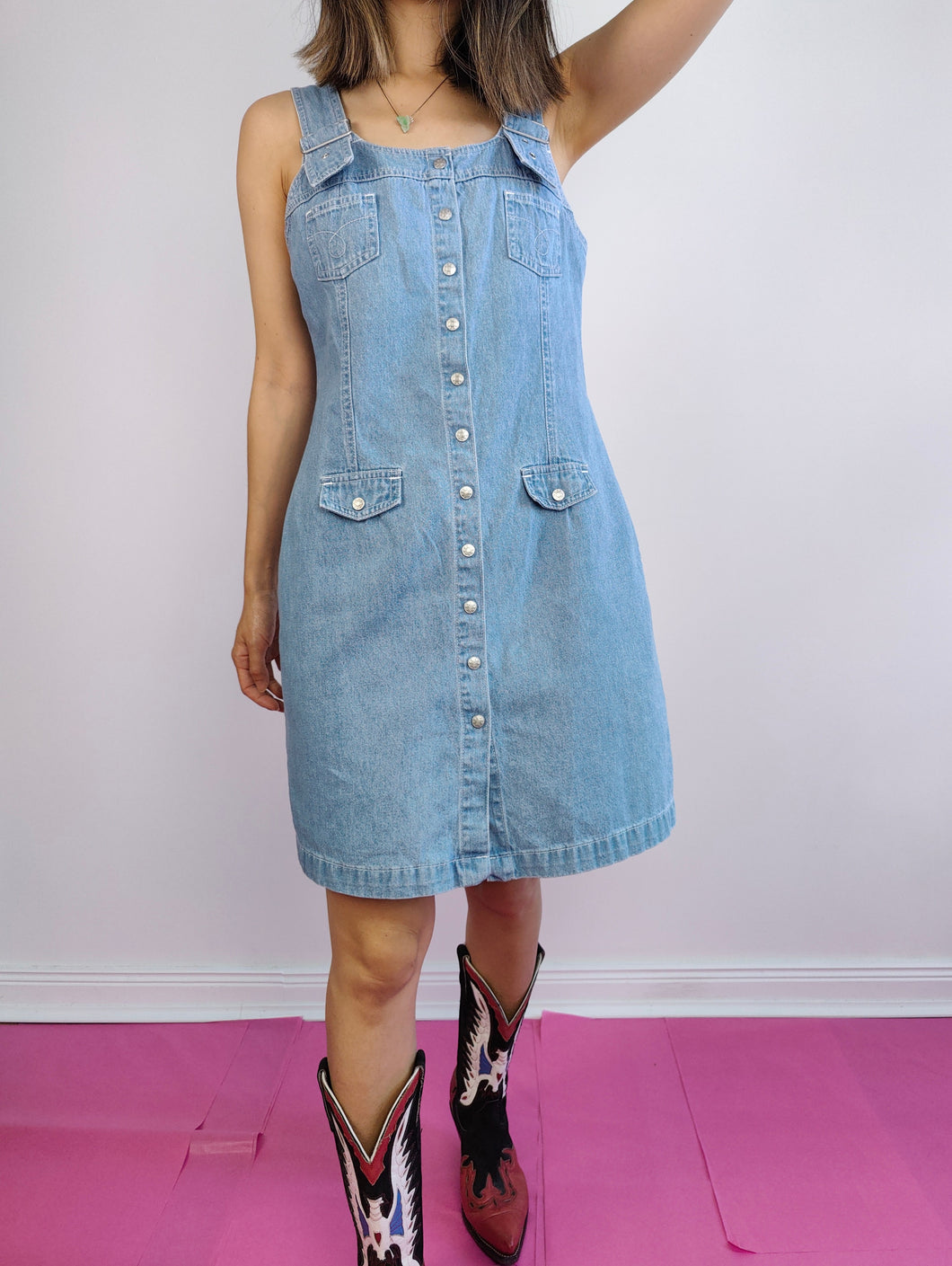 Das Latzhosen-Mini-Jeanskleid | Vintage 90er Jahre John Baner Overall hellblaue Jeans Frühling Sommer gerades Kleid SM