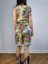 Load image into Gallery viewer, The Okapi White Floral Print Playsuit | Vintage ivory cream beige flower pattern short overall jumpsuit onesie dress S
