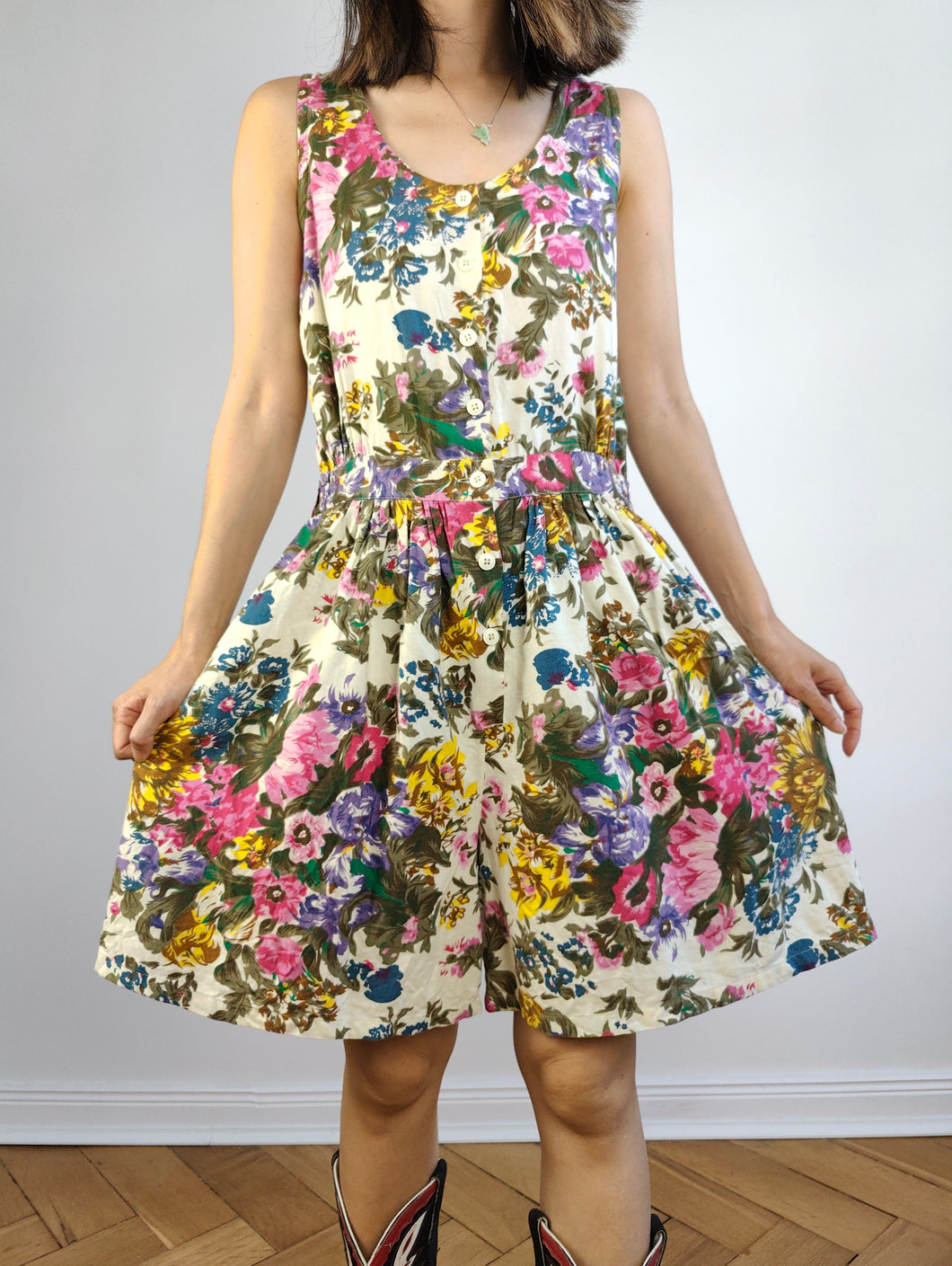 The Okapi White Floral Print Playsuit | Vintage ivory cream beige flower pattern short overall jumpsuit onesie dress S