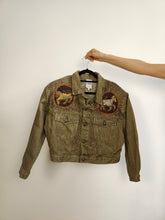 Load image into Gallery viewer, The Legatte Horse Embroidery Denim Jacket | Vintage elephant animal sequins beads embroidered patchwork brown beige jeans crop short women S-M
