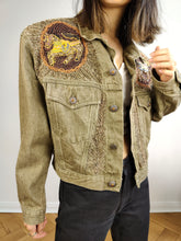 Load image into Gallery viewer, The Legatte Horse Embroidery Denim Jacket | Vintage elephant animal sequins beads embroidered patchwork brown beige jeans crop short women S-M
