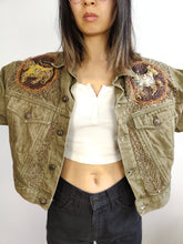 Load image into Gallery viewer, The Legatte Horse Embroidery Denim Jacket | Vintage elephant animal sequins beads embroidered patchwork brown beige jeans crop short women S-M
