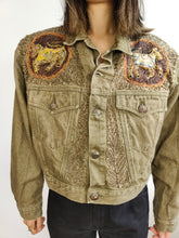 Load image into Gallery viewer, The Legatte Horse Embroidery Denim Jacket | Vintage elephant animal sequins beads embroidered patchwork brown beige jeans crop short women S-M
