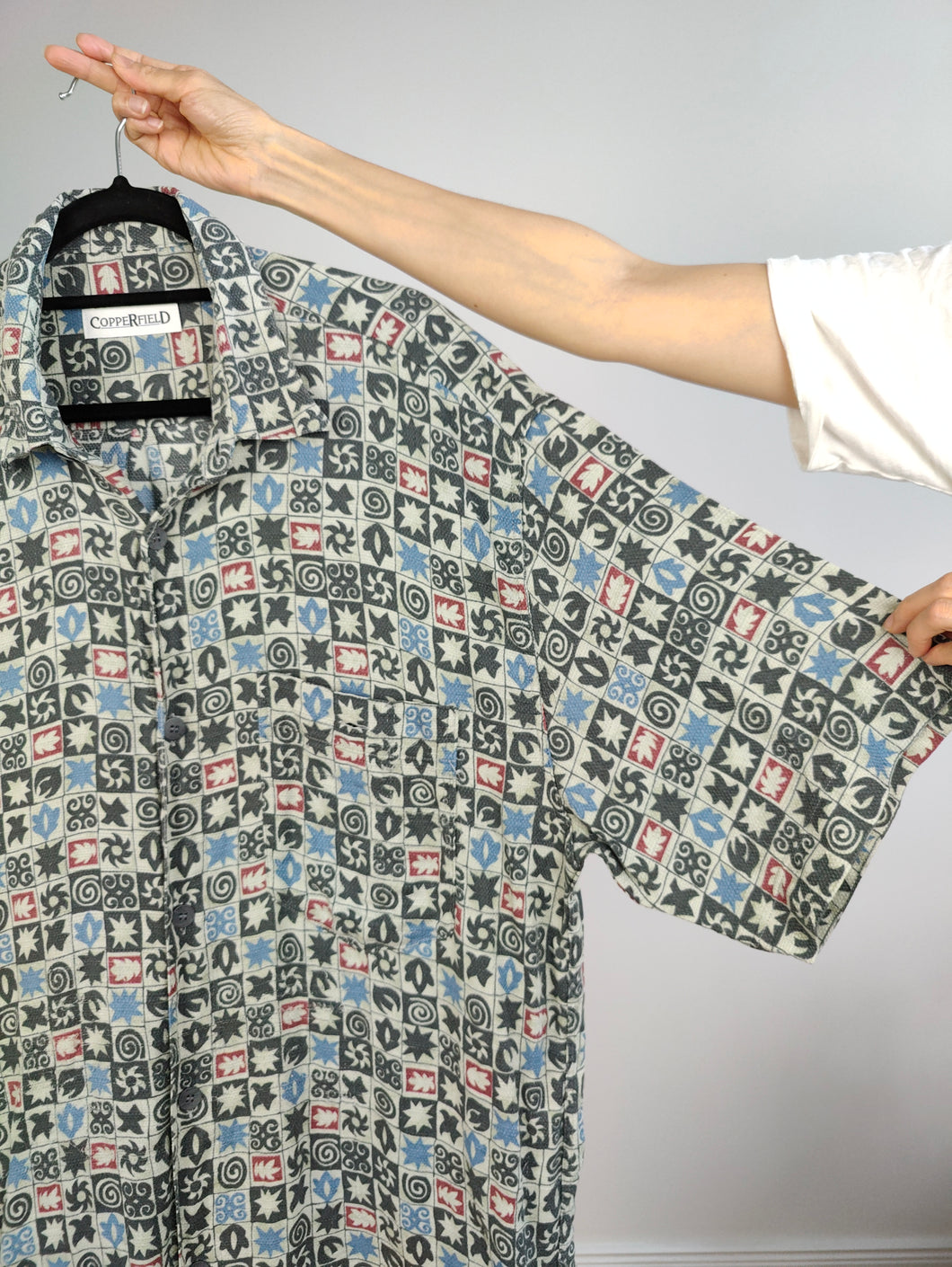 The Icons Grey Print Shirt | Vintage Copperfield short sleeve pattern unisex men XL