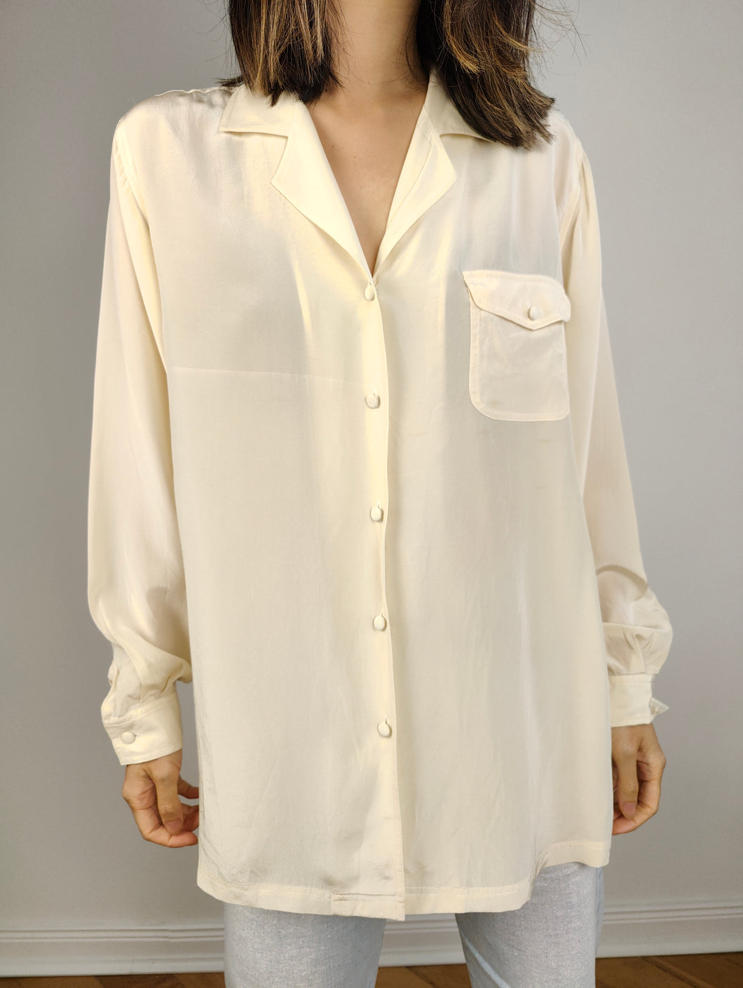 The Silk Cream Plain Long Sleeve Blouse | Vintage Karel 100% silk shirt women EU 40 M