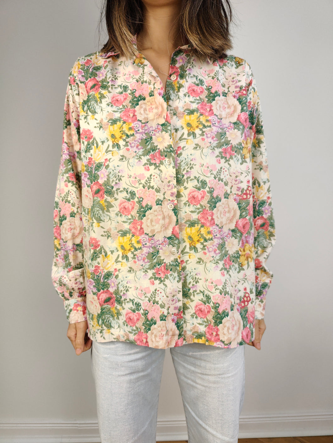Die florale cremerosa Baumwollbluse | Vintage Lu-Lu Langarm-Shirt mit Blumendruckmuster M