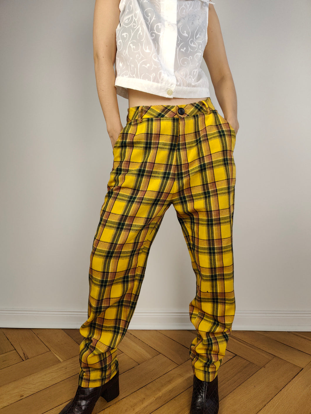 The Yellow Tartan Check Pants | Vintage cotton blend plaid checker pattern high waist yellow long trouser S-M