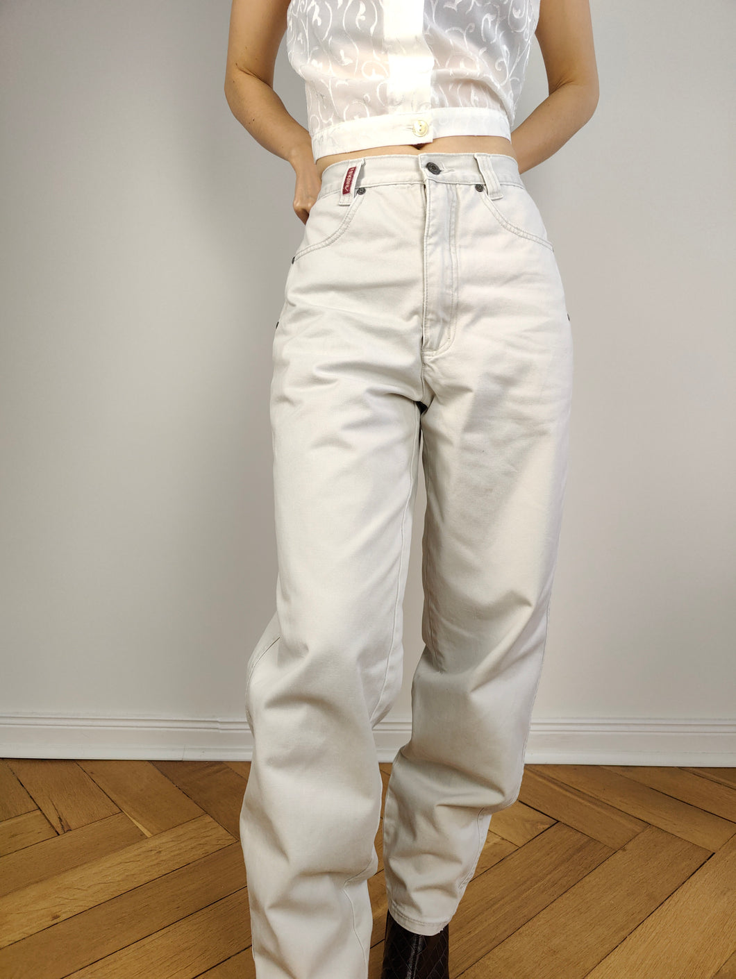 Die weißgraue Mom-Hose aus Baumwolle | Vintage Janet von Annabelle Mom-Jeans mit hoher Taille, entspannte Passform, Hose 30/30 M