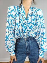 Load image into Gallery viewer, The Floral White Blue Pattern Blouse | Vintage flower print big balloon sleeves feminine blouse M-L
