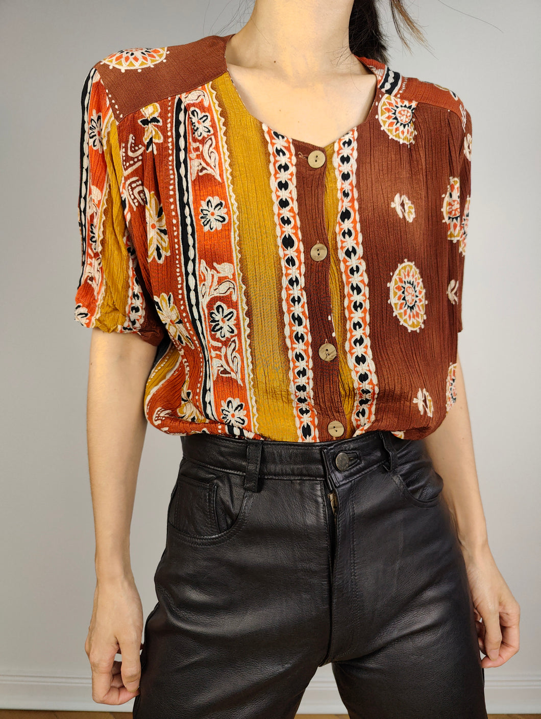 The Brown Boho Print Wrinkle Blouse | Vintage Maglificio yellow orange short sleeve pattern made in Italy women shirt S
