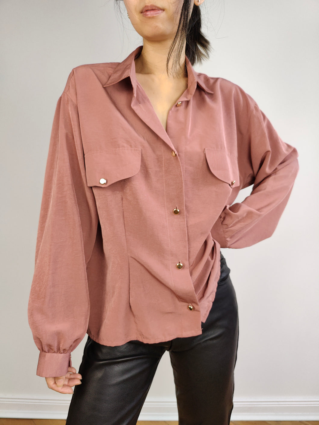 Die einfarbige Langarmbluse aus Seide in Mauve-Rosa | Vintage-Hemd aus Seidenmischung, hergestellt in Italien, Damengröße ML