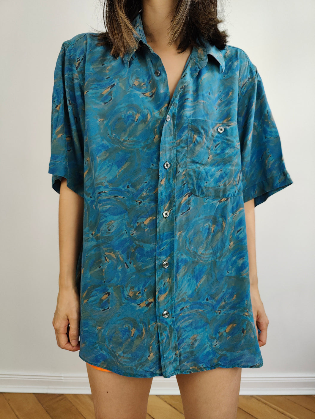 The Silk Pierre Cardin Blue Pattern Blouse | Vintage designer impressionism art print short sleeve button up shirt unisex men 42 L