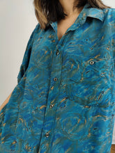 Load image into Gallery viewer, The Silk Pierre Cardin Blue Pattern Blouse | Vintage designer impressionism art print short sleeve button up shirt unisex men 42 L
