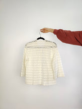 Load image into Gallery viewer, The Crochet Open Knit White Cardigan | Vintage 3/4 bell sleeve bow tie knitted top S
