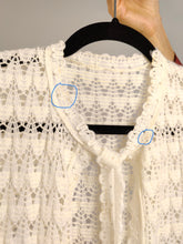 Load image into Gallery viewer, The Crochet Open Knit White Cardigan | Vintage 3/4 bell sleeve bow tie knitted top S

