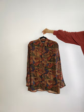 Load image into Gallery viewer, The Silk Brown Orange Art Pattern Shirt | Vintage 90s pure silk long sleeve crazy abstract print unisex men M
