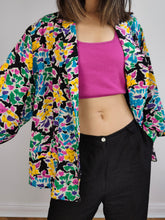 Load image into Gallery viewer, The Silk Black Floral Light Blazer Jacket | Vintage blouse flower print pattern cardigan M
