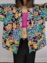 Load image into Gallery viewer, The Silk Black Floral Light Blazer Jacket | Vintage blouse flower print pattern cardigan M

