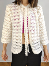 Load image into Gallery viewer, The Crochet Open Knit White Cardigan | Vintage 3/4 bell sleeve bow tie knitted top S
