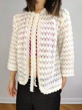 Load image into Gallery viewer, The Crochet Open Knit White Cardigan | Vintage 3/4 bell sleeve bow tie knitted top S
