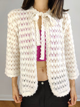 Load image into Gallery viewer, The Crochet Open Knit White Cardigan | Vintage 3/4 bell sleeve bow tie knitted top S
