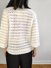 Load image into Gallery viewer, The Crochet Open Knit White Cardigan | Vintage 3/4 bell sleeve bow tie knitted top S
