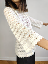 Load image into Gallery viewer, The Crochet Open Knit White Cardigan | Vintage 3/4 bell sleeve bow tie knitted top S
