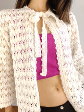Load image into Gallery viewer, The Crochet Open Knit White Cardigan | Vintage 3/4 bell sleeve bow tie knitted top S
