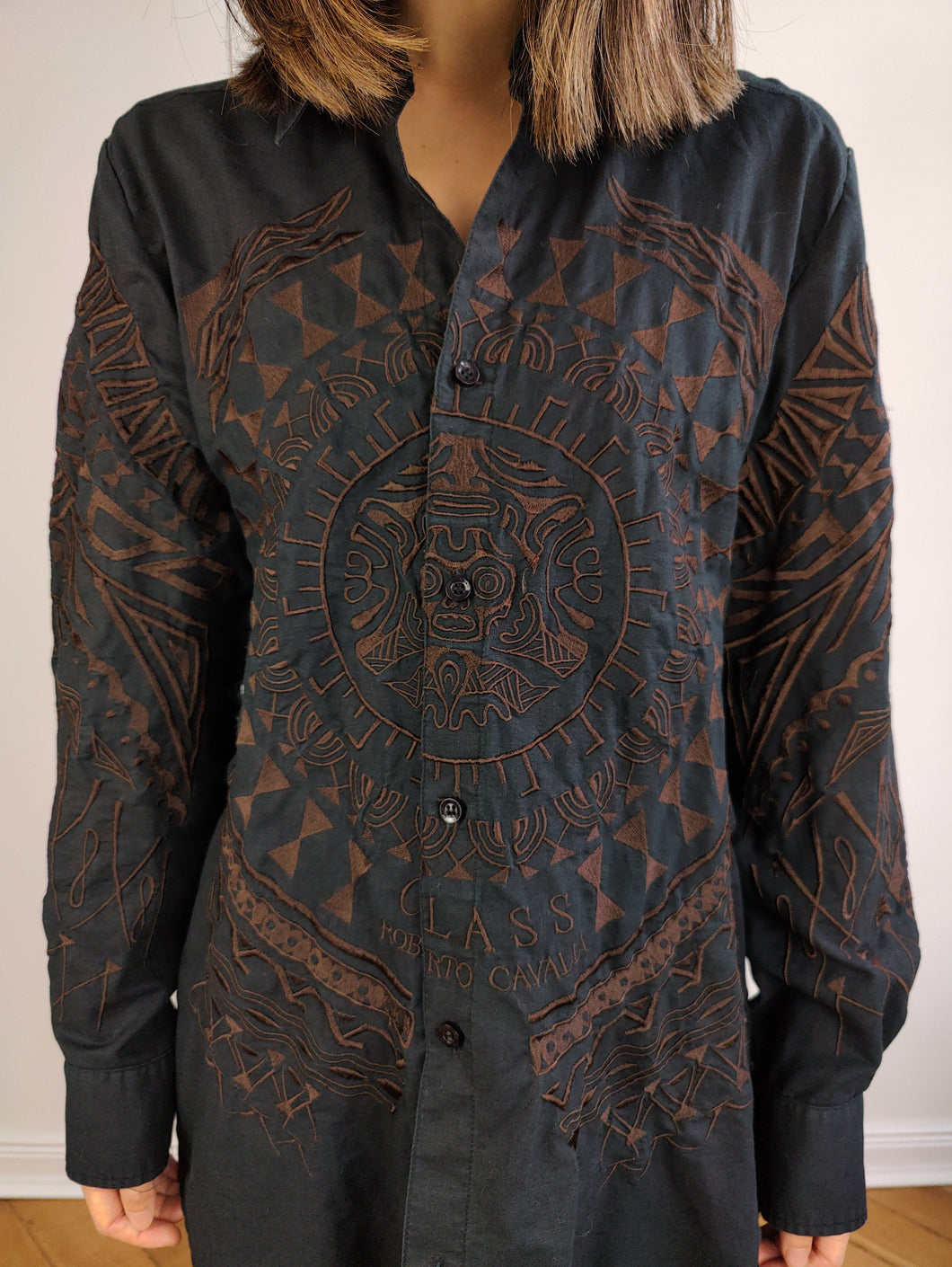 The Class Roberto Cavalli Linen Embroidery Shirt | Vintage designer brown ethno embroidered long sleeve shirt D M-L