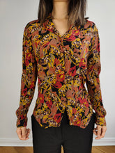 Load image into Gallery viewer, The Dragonfly Brown Print Wrinkle Blouse | Vintage Fiorini red orange animal flower pattern women shirt S
