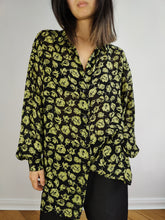 Load image into Gallery viewer, The Black Green Sheer Floral Blouse | Vintage see-through transparent flower print pattern long shirt M-L

